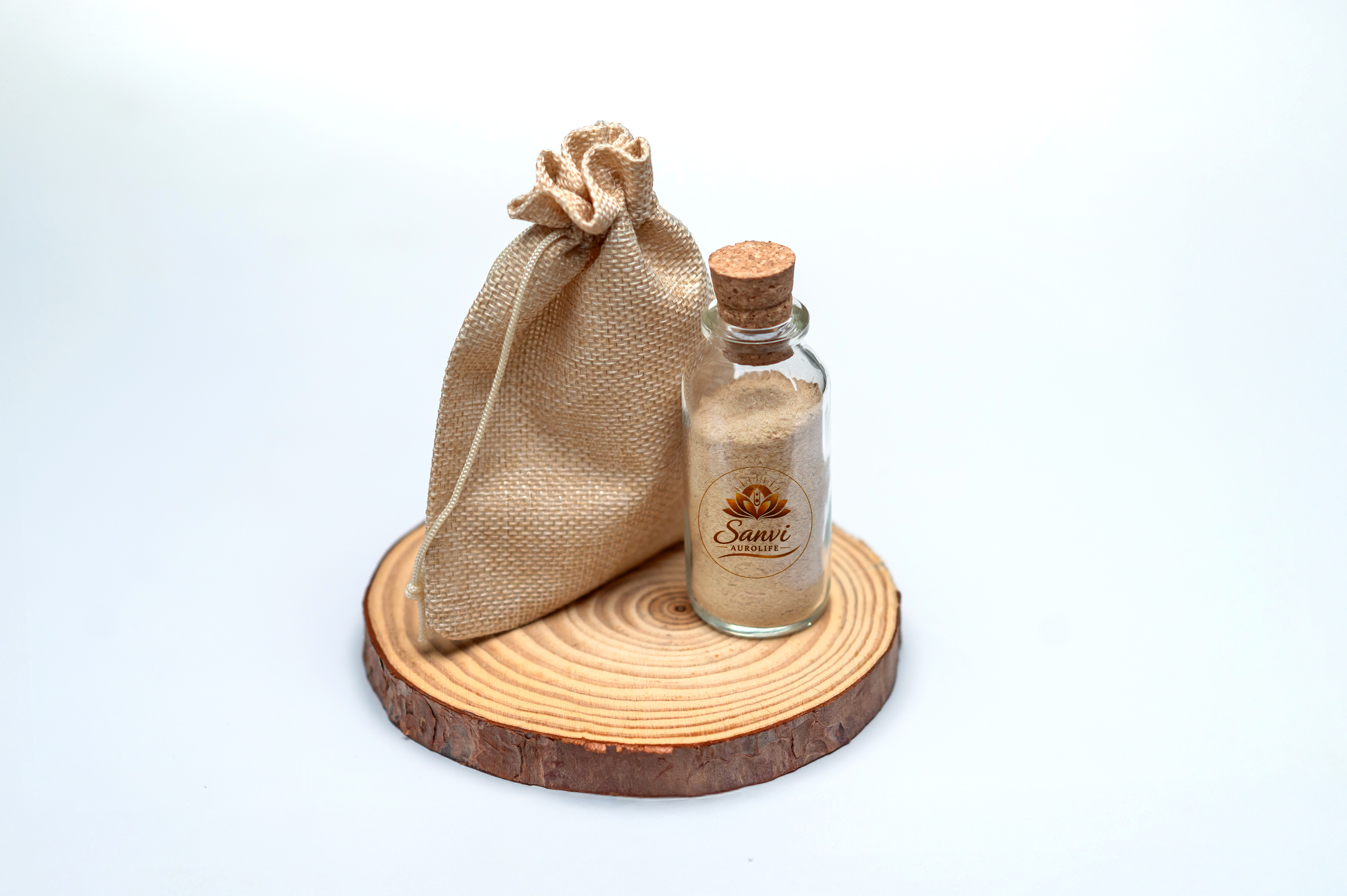 Original White Sandalwood Powder in glass vial with jute pouch